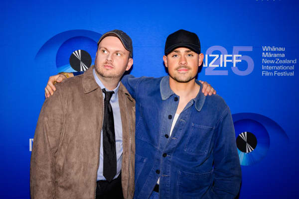 Went Up the Hill co-writer and director Samuel Van Grinsven with Australian actor Dacre Montgomery at the New Zealand premiere of the feature film in August, 2025.