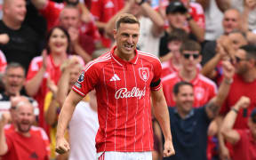 Chris Wood of Nottingham Forest celebrates after scoring a goal.