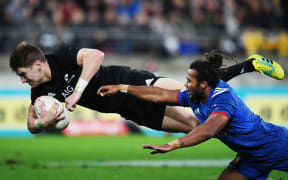 Jordie Barrett scores a try.
New Zealand All Blacks v France, 2nd Test at Westpac Stadium, Wellington, New Zealand on 16 June 2018.
Copyright photo: Andrew Cornaga / www.photosport.nz