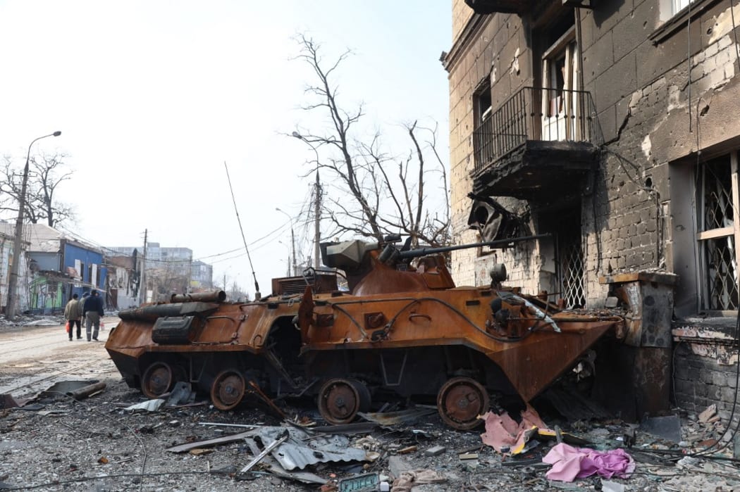 MARIUPOL, UKRAINE - APRIL 09: A view of a destroyed armored vehicle during ongoing conflicts in the city of Mariupol under the control of the Russian military and pro-Russian separatists, on April 09, 2022.