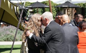 NZ Golf chair Michael Smith's hongi with local iwi Ngāi Tahu members at the opening of the tournament on 26 February.