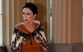 Prime Minister Jacinda Ardern arrives at the Grand Entrance to attend The Queen's Dinner during The Commonwealth Heads of Government Meeting (CHOGM), at Buckingham Palace in London on April 19, 2018.