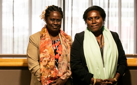 Bougainville regional MPs Amanda Masono (left) and Geraldine Paul at a wānanga for Pacific women MPs at New Zealand's Parliament, 8 August 2023.