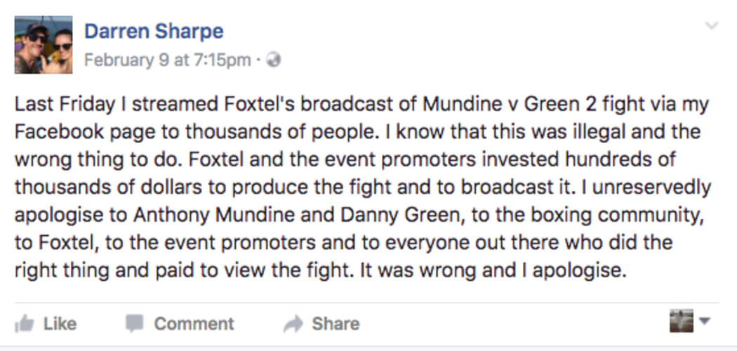 Identical online apologies from two boxing fans caught streaming Foxtel's recent pay-per-view fight on Facebook.