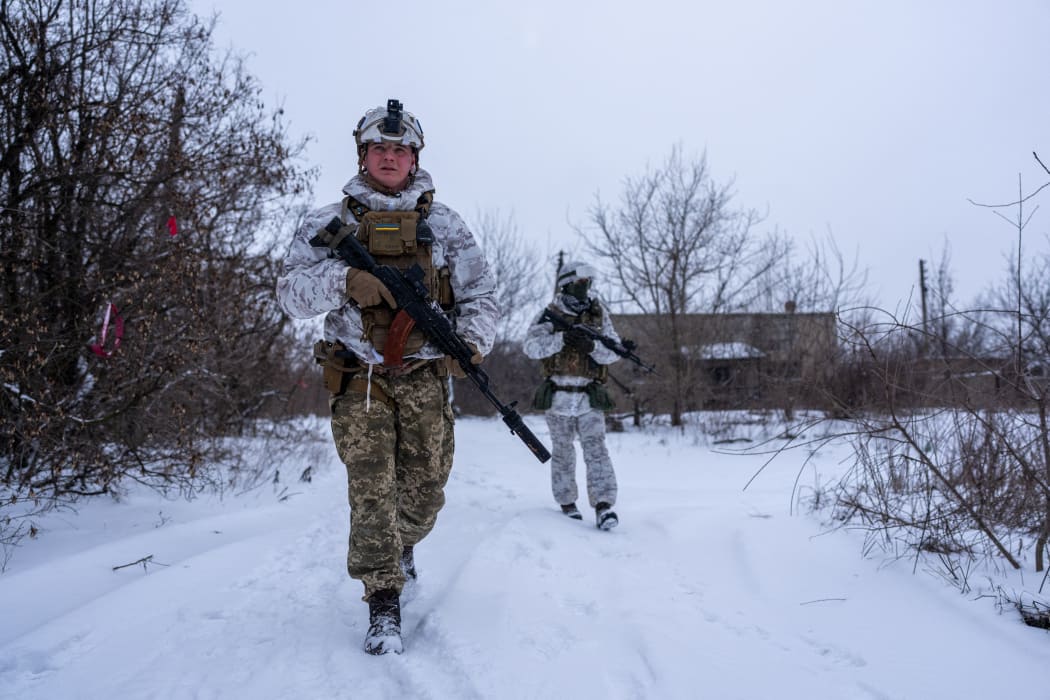 Ukrainian servicemen from the 25th Air Assault Battalion are seen stationed in Avdiivka, Ukraine on January 24, 2022.