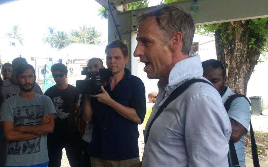 Senator Nick McKim and ABC reporters inside the Manus Island detention centre.