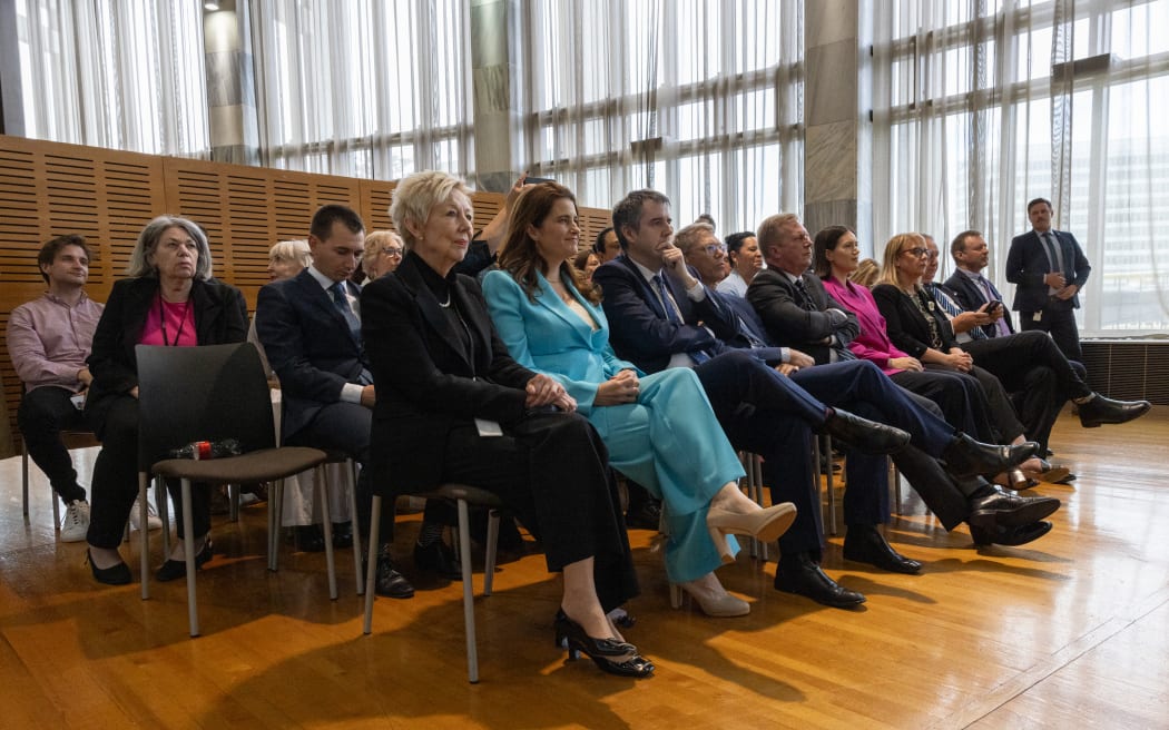 Coalition agreement signing ceremony between Christopher Luxon, David Seymour and Winston Peters.