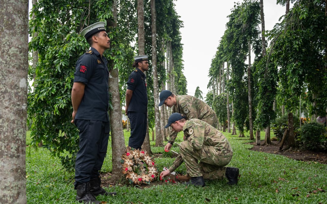 Members from NZDF, ADF and various other organisations pay tribute to fallen soldiers of world war 2 at the commemoration of the Moa sinking. The memorial took place in Honiara, Soloman Islands during Op Moa 2024