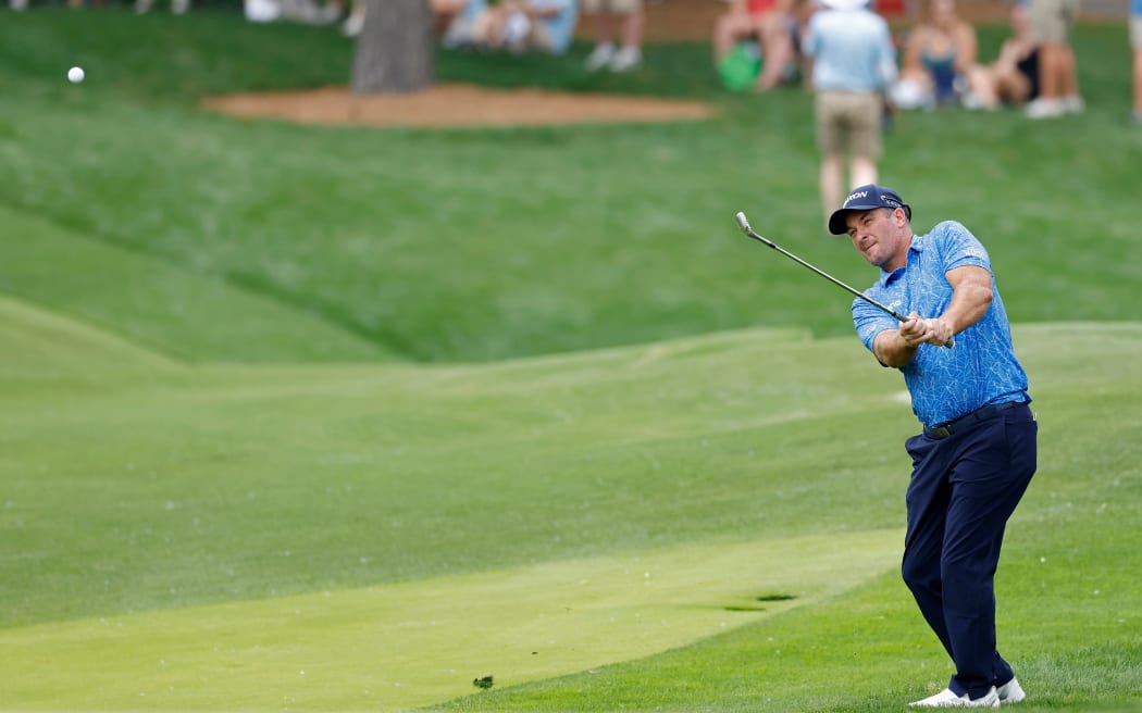 Ryan Fox hits a pitch shot at the 8th hole during the second round of the PGA Championship at Quail Hollow Country Club.