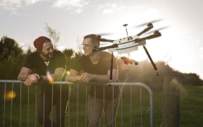 Haptly co-founders Rab Heath and Nelson Shaw with one of their monitoring drones.