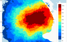 Oil spill prediction map for a Gulf of Mexico style blowout off the Taranaki coast.