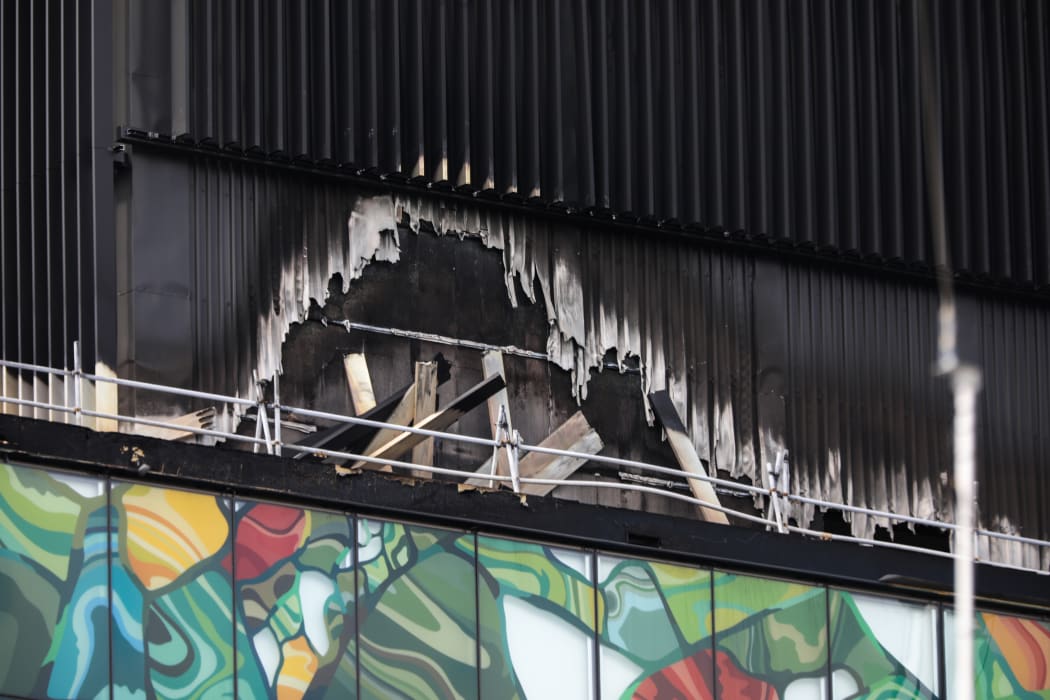 Damage from the SkyCity Convention Centre fire can be seen on the roof.