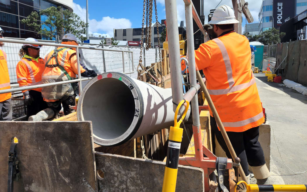 Low-carbon stormwater pipe being installed in central Auckland on 9 October 2023.