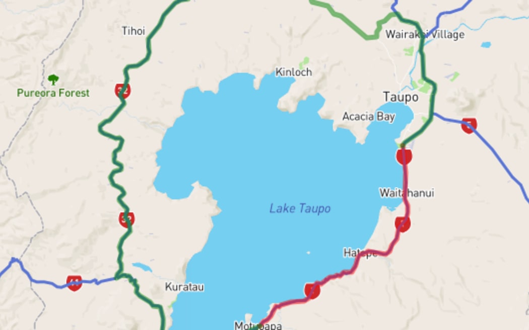 The detour for northbound traffic is turn left onto State Highway 41 at Turangi, then right onto State Highway 32 along the western side of the lake and turn right onto Marotiri Road, turn right again on Poihipi Road, left onto Oranui Road and right onto Link Road to return to SH1 north of Taupō.