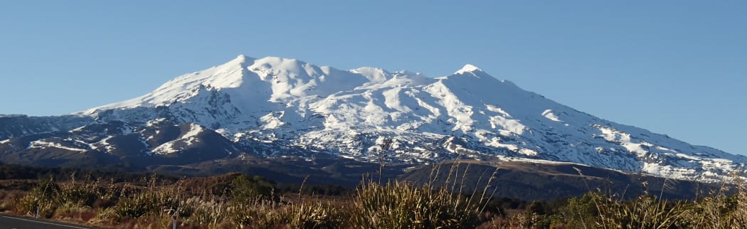 Mount Ruapehu, seen from the road leading up to the Whakapapa Village, on a fine sunny day.