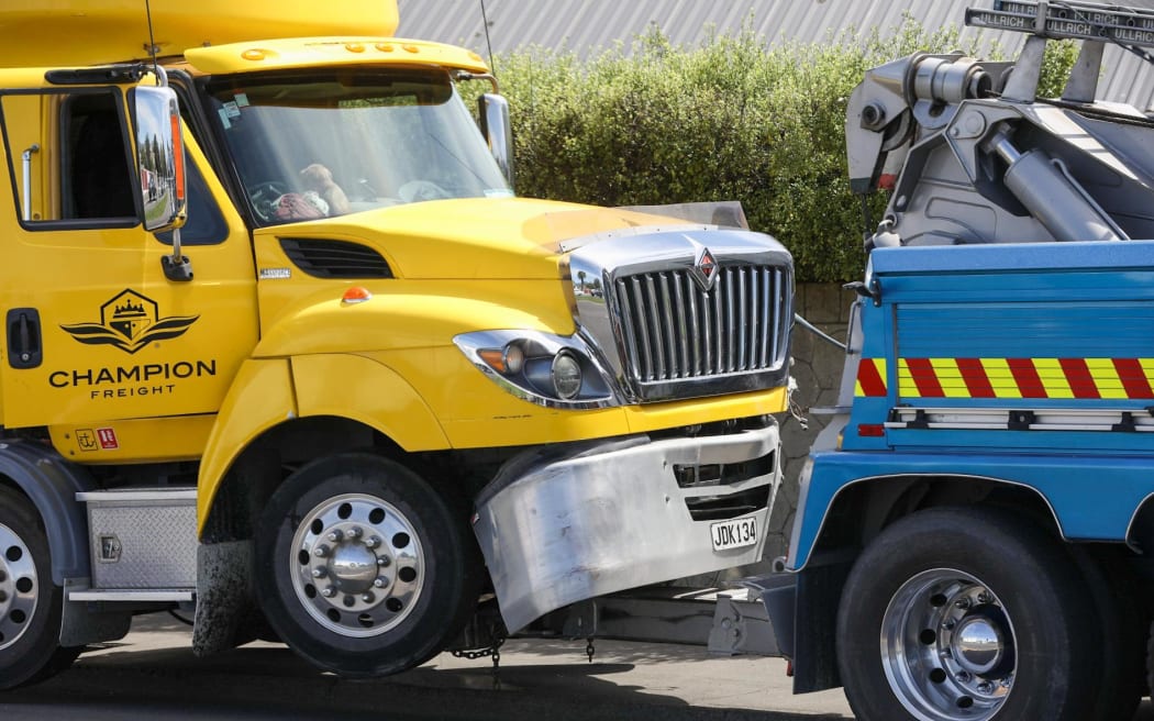 The truck that was involved in the crash at the intersection of Brougham and Selwyn streets in Christchurch.