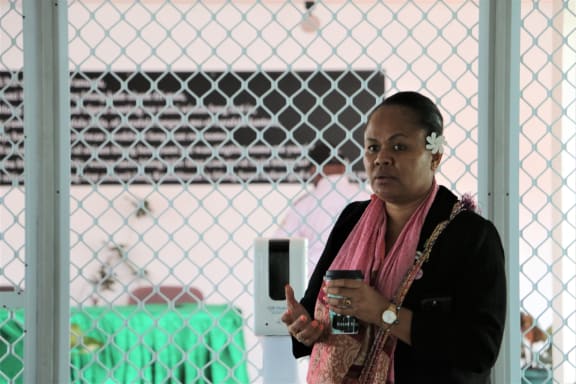 Gloria Julia King outside the Vanuatu Parliament Complex in Port Vila. 22 August 2023