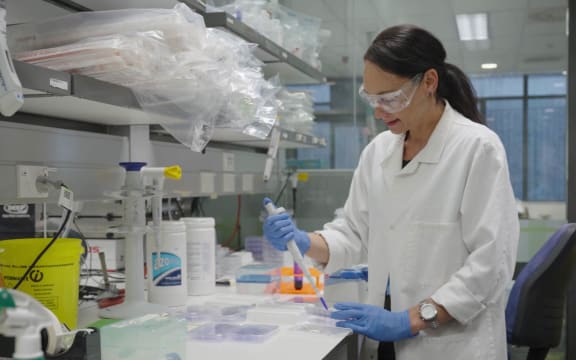 Woman with protective glasses on works in lab