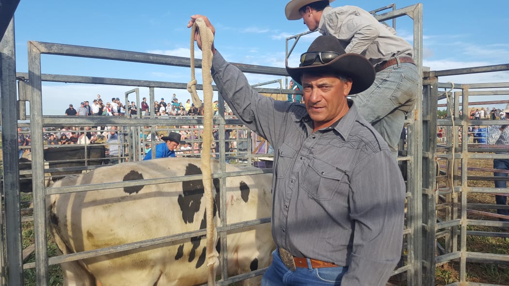 Rodeo Cowboy Association Animal Welfare Officer Simon Tahau shows a flank strap at Martinborough's Pukemanu Bull Ride.