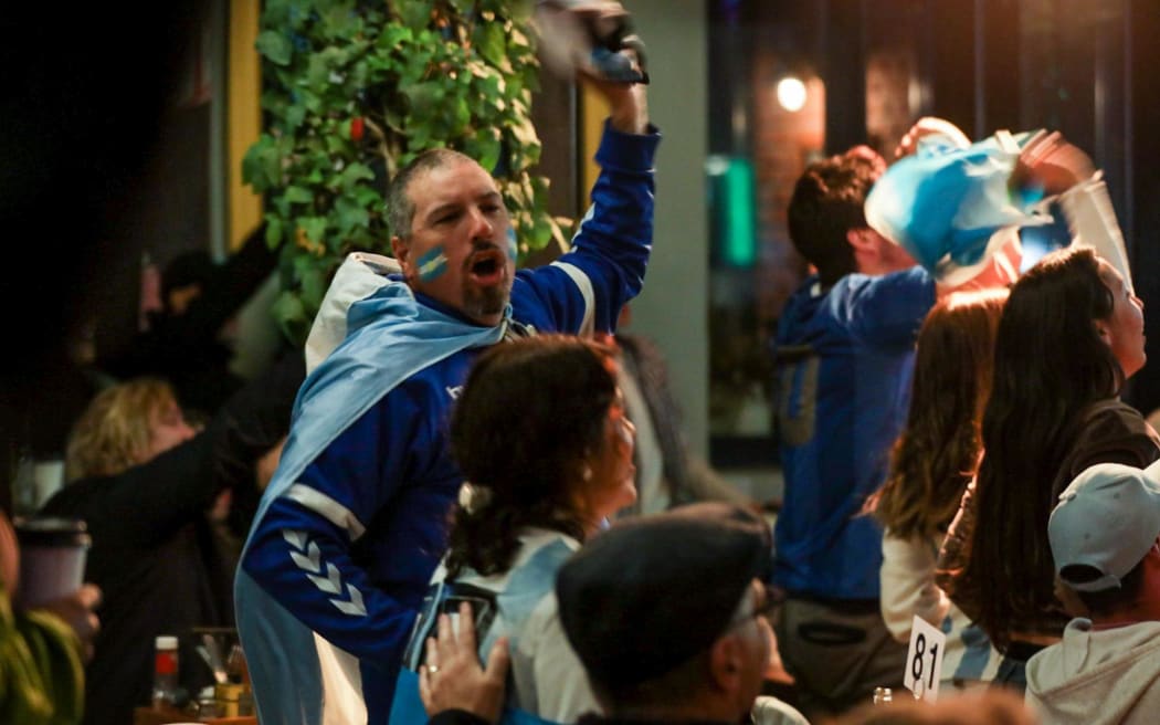 Argentina fans in Christchurch watch the FIFA World Cup final between Argentina and France, 19 December 2022.