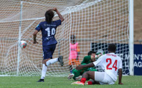 Auckland City FC's Dylan Manickum scores the opening goal. OFC Men's Champions League 2025, Auckland City FC v Tiga Sport, Lawson Tama Stadium, Honiara, Wednesday 2 April 2025. Photo: Shane Wenzlick / www.phototek.nz