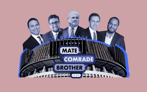 Mate, Comrade, Brother series logo in front of Beehive and lobbyists.