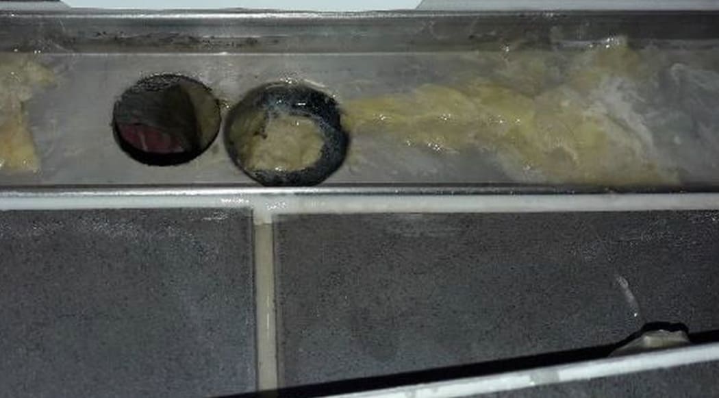 An example of the photos sent to the council showing bacteria buildup beneath tiling at the Woburn development.