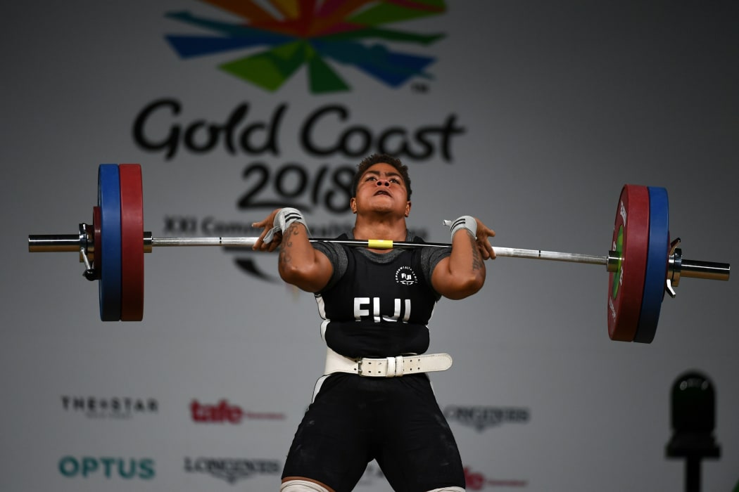 Fiji's Apolonia Vaivai lifts in the women's 69kg final during the 2018 Gold Coast Commonwealth Games.
