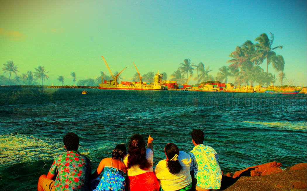 Winning entry in the 17-18 year old category of the Our Climate, Our Future photography prize. Teenagers look out towards Matautu blended with faded image of a nature walk. Samoa 2024