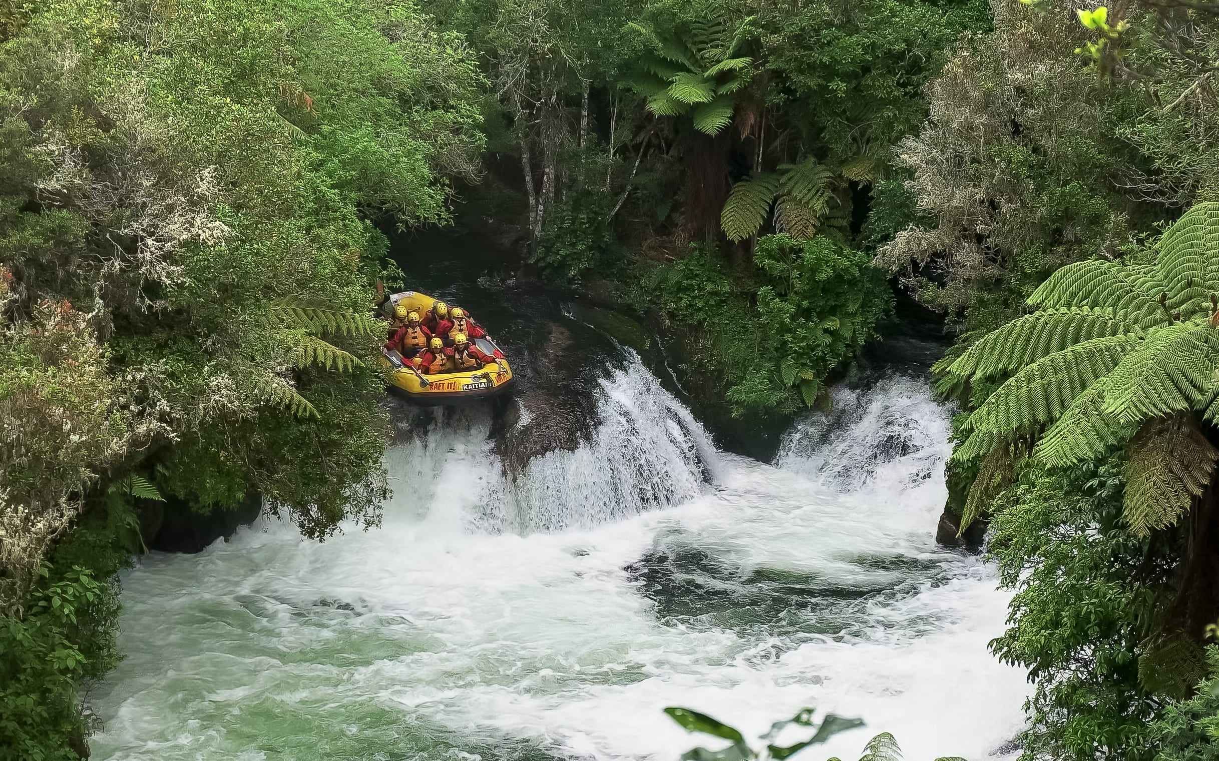 Whitewater rafting at Kaituna Waterfall in the North Island.