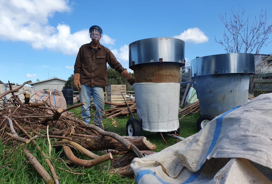 Phil Stevens has a couple of purpose built kilns on his lifestyle block for making biochar