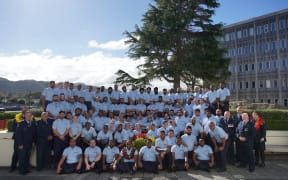 New recruits with their training officers at the New Zealand Corrections Training Centre in Upper Hutt, Wellington on April 26, 2024. Photo: Iliesa Tora/RNZ Pacific