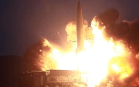 This early August 6, 2019 picture released from North Korea's official Korean Central News Agency (KCNA) on August 7, 2019 shows launch of two new-type tactical guided missiles during its demonstration fire at undisclosed western part location of the country.