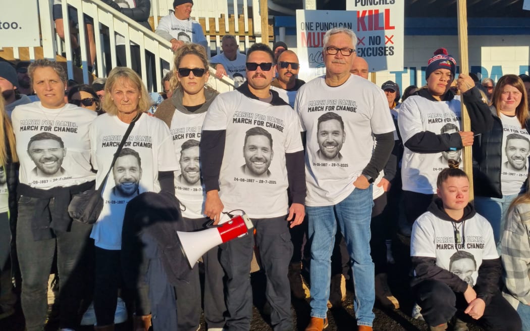 Cameron (shades) and Te Uraura Nganeko at the March for Daniel. Daniel Nganeko died on 29 July after being struck by Daytona Thompson in an unprovoked attack three days prior.