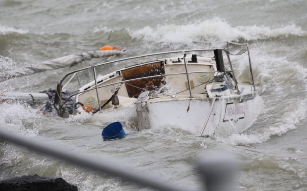 An unmoored yacht in Auckland harbour after wild weather overnight.