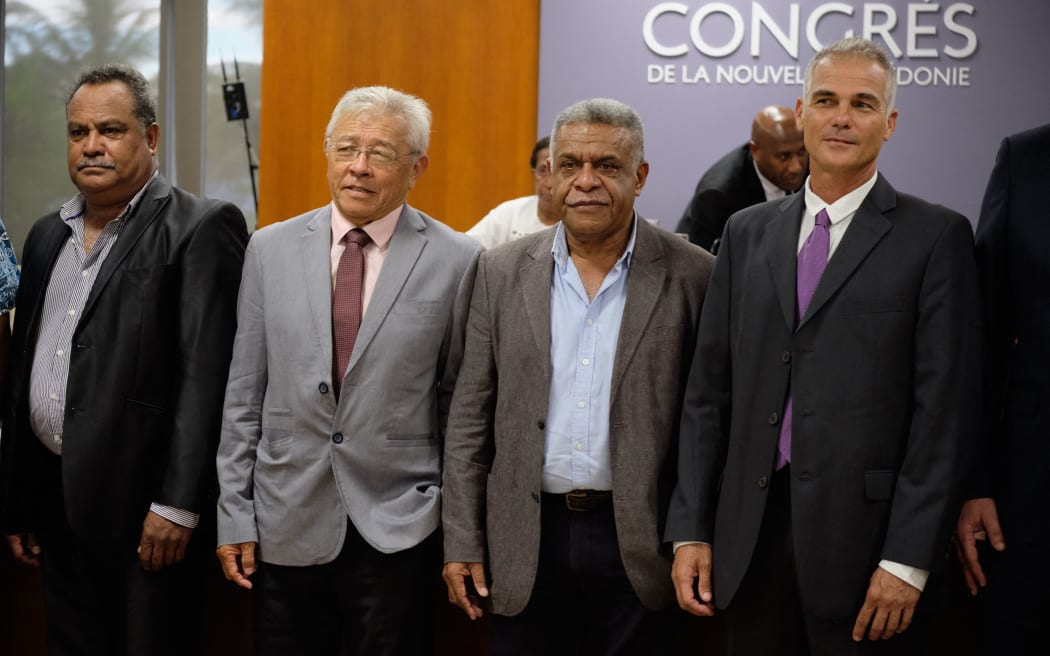 (From L) New members of the 17th government of New Caledonia head of the UC - FLNKS list, nationalists and Oceanian Awakening, Samuel Hnepeune, members of the Uni party Yannick Slamet and Louis Mapou, member of the party 'Caledonie Ensemble' Joseph Manaute, in Noumea