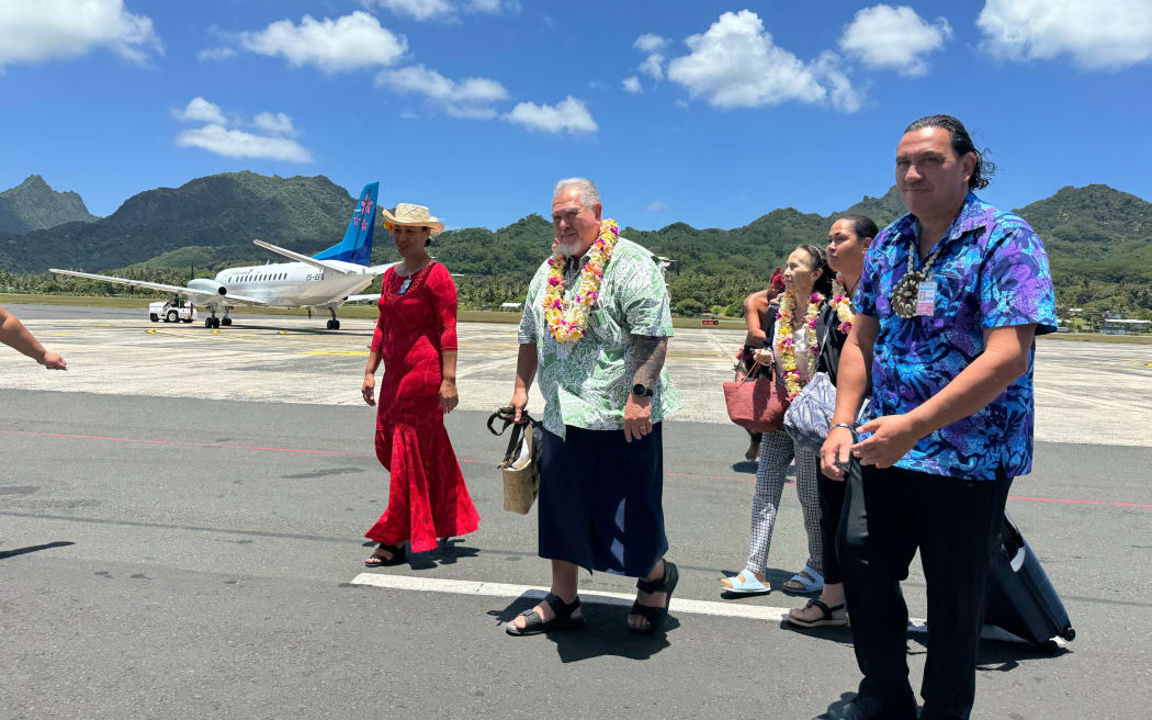 French Polynesia President Moetai Brotherson arrives in the Cook Islands for the 52nd Pacific Islands Forum Leaders Meeting. November 2023.
