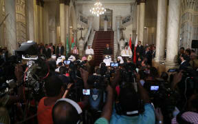 Saudi Arabian Foreign Minister Adel bin Ahmed Al-Jubeir, UAE Minister of Foreign Affairs Abdullah bin Zayed Al Nahyan, Egypt Foreign Minister Sameh Shoukry and Bahrain Foreign Minister Khalid bin Ahmed Al Khalifa hold a joint press conference following their meeting in Cairo, Egypt.