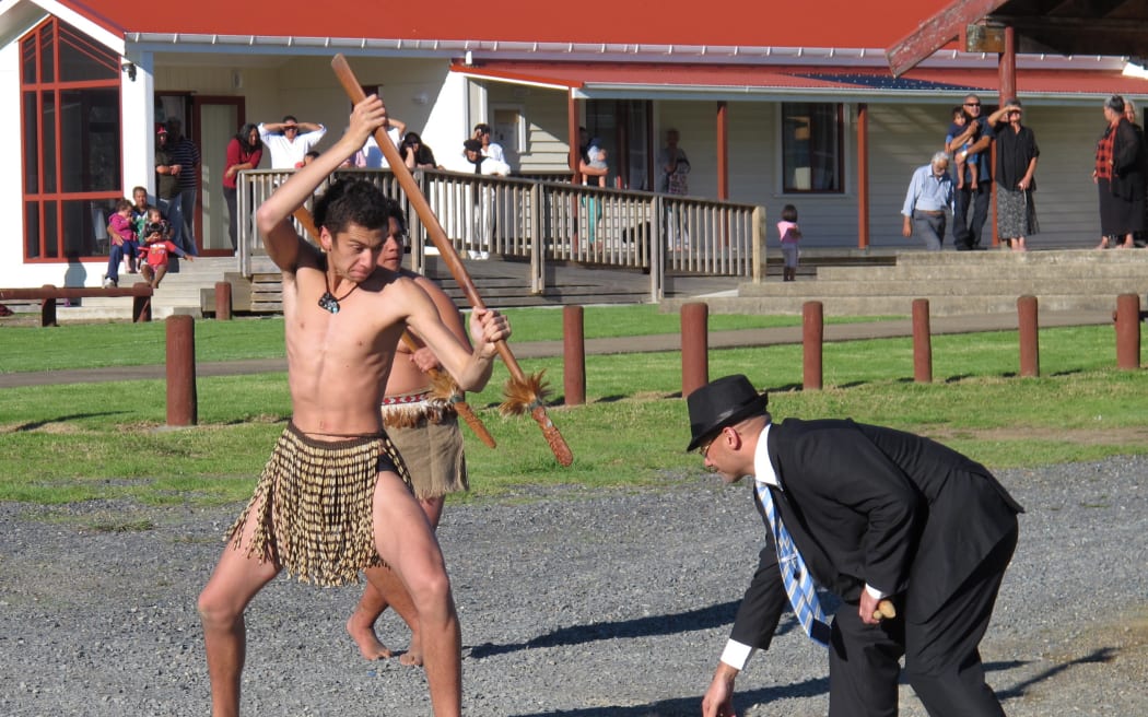 Te Kauri McPherson challenges Waitangi Tribunal presiding officer Craig Coxhead during a 2013 visit to Waikare Marae, in the Bay of Islands, as part of the long-running Te Paparahi o Te Raki Inquiry. Photo: Peter de Graaf 
Note RNZ shouldn’t be named in the credit. These are photos from Peter's archive.