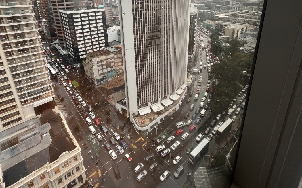 Gridlock in central Auckland during heavy rain on 9 May, 2023.