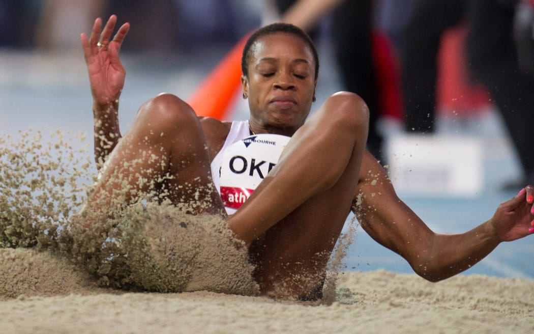 Nneka Okpala lands in the triple jump during the IAAF world challenge event, Melbourne, 2016.