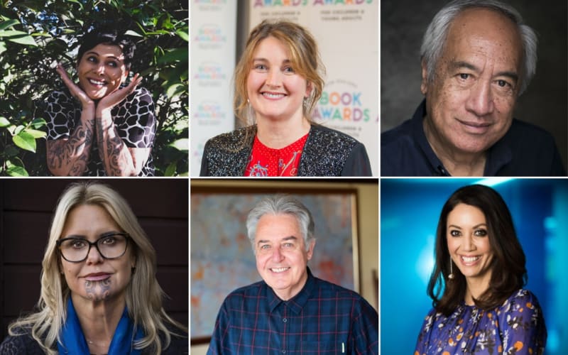 Nominees for the Children and Young Adults book awards 2025. From top left, clockwise, Anika Moa, Ruth Paul, Witi Ihimaera, Miriama Kamo, Gavin Bishop and Hinemoa Elder.