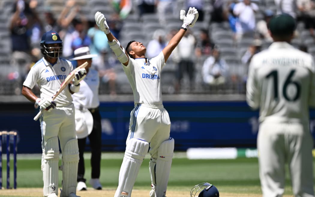 Yashasvi Jaiswal of India celebrates his century, Perth, 2024.