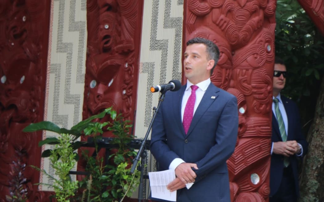 ACT Party leader David Seymour speaking at Waitangi in 2023. "We must cherish Māori language and culture," he said in te reo Māori. "We believe in self determination for all people under the powers of the governments ... Perhaps those who signed the Treaty would support our party," Seymour said.