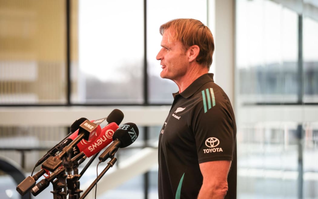 Scott Robertson speaks to media on Monday about his All Blacks squad for the Rugby Championship.