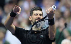 Novak Djokovic celebrates after winning his third round match against Britain’s Cameron Norrie at the US Open, August 29, 2025. (Photo by CHARLY TRIBALLEAU  AFP)