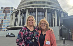 Sonya Rockhouse (left) and Anna Osborne outside Parliament after their meeting with Workplace Safety Minster Brooke van Velden.