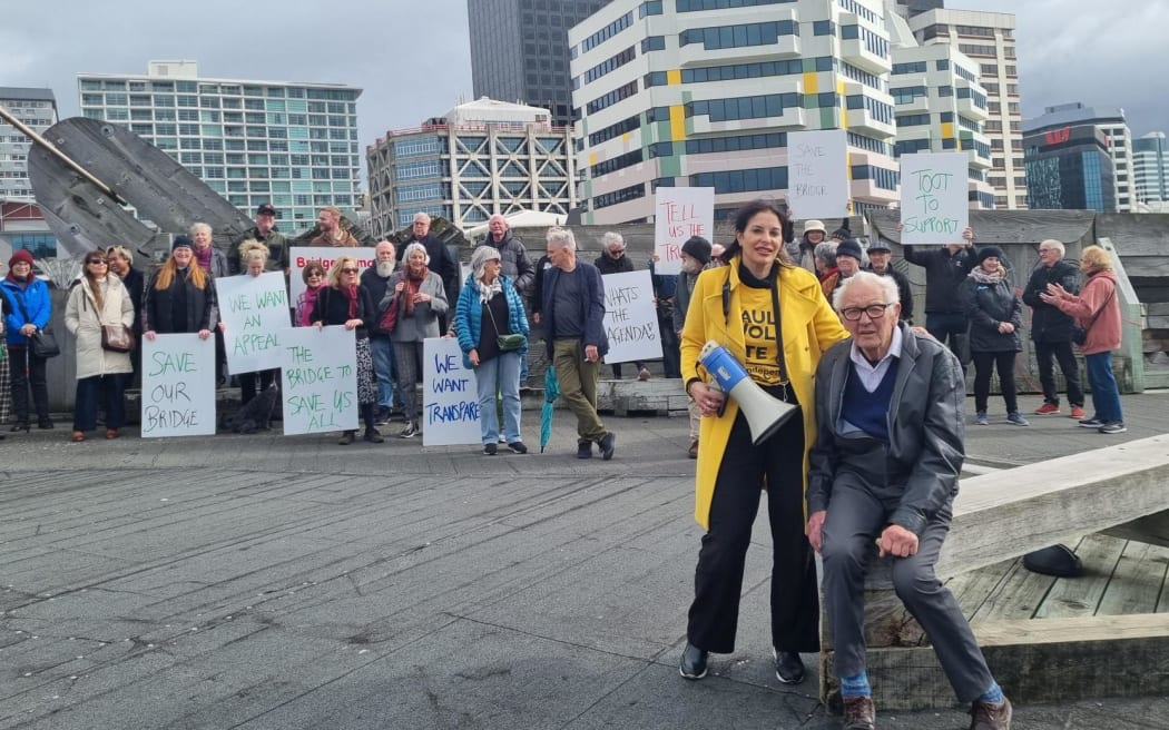 A protest of about 40 people on the City to Sea Bridge in Wellington protesting the demolishing the bridge.