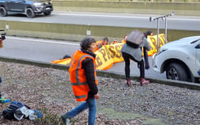 Protesters, believed to be climate activists, wearing high-viz vests are blocking the southbound lane of Wellington's Terrace Tunnel while police work to remove them.