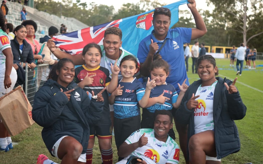 Fijian Drua players and fans after the Super W final loss to the Waratahs in Brisbane on Sunday, April 28, 2024. Photo: Fijian Drua